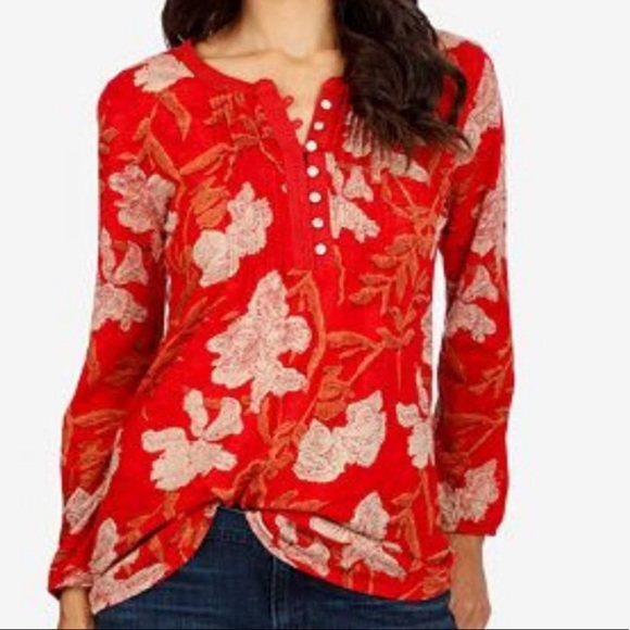 Lucky Brand floral print cotton tissue henley split-collar top / t-shirt - Picture 5 of 5